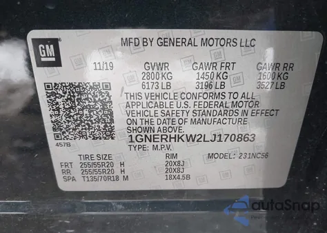 2020 Chevrolet Traverse Fwd Lt Leather from USA, damaged, VIN 1GNERHKW2LJ170863